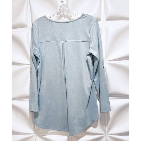 Soft Surroundings Sz S Blue Faux Suede Leather Tunic Top Blouse V Neck Roll Tab - Picture 6 of 9